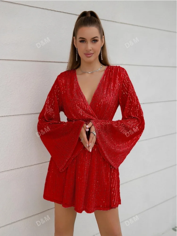 D & M-Robes à paillettes rouges pour femmes, col en V, manches longues trompent, mini batterie avec paillettes, robe de soirée sexy, couleur unie