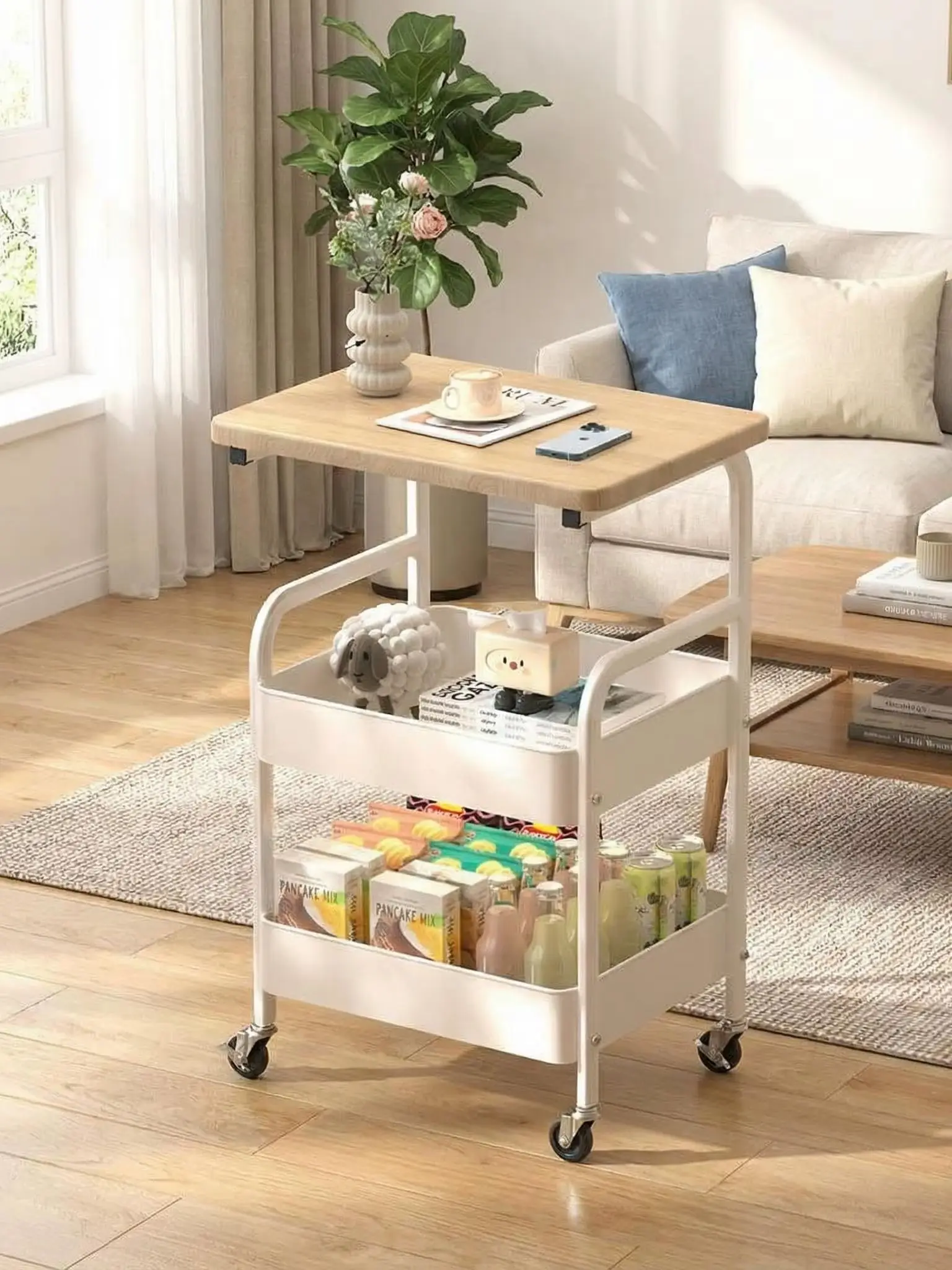 3-stöckiger Rollwagen mit Tischplatte, Metall-Organizer auf Rädern, Platzsparendes Schmales Regal für Küche, Bad, Waschküche, Schlafzimmer (Weiß)