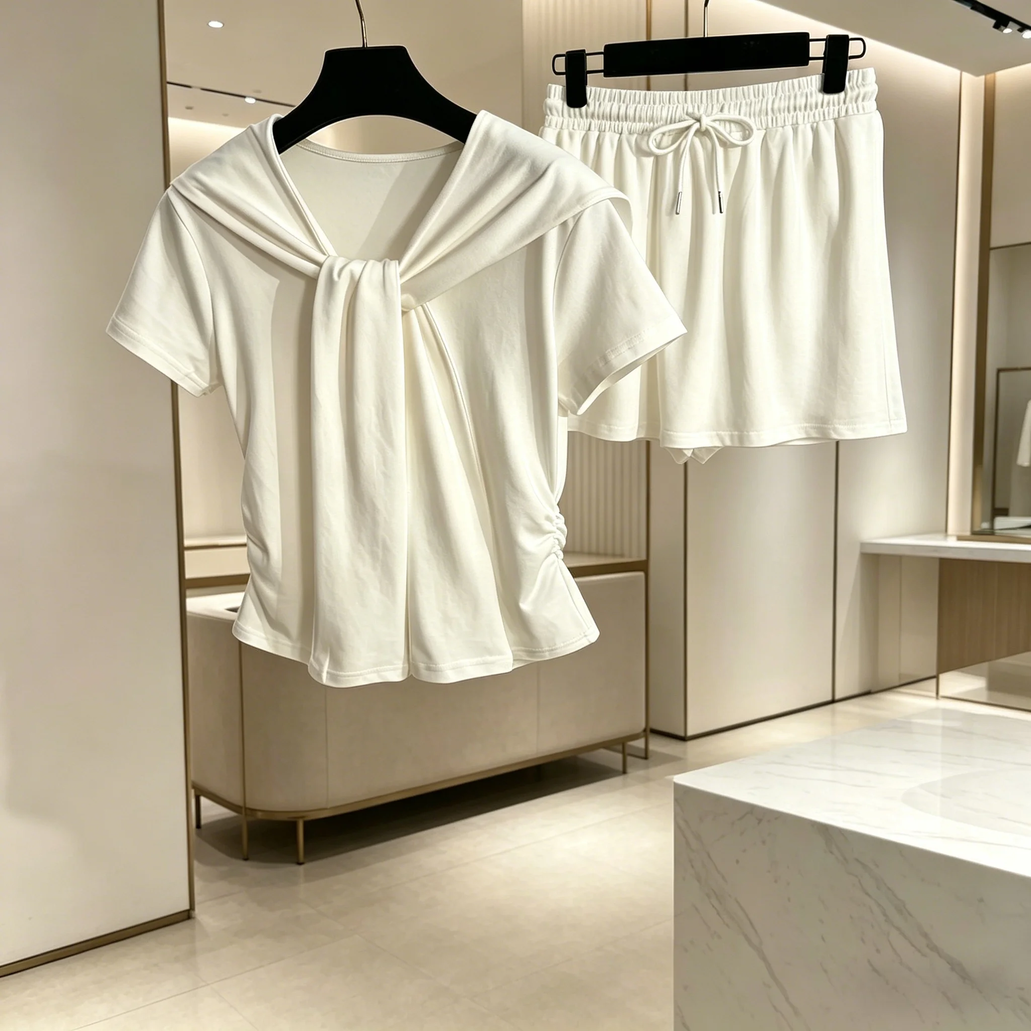 

2026 Spring Summer Women's Minimalist Knotted Top High Waist Shorts Co-ord Set ZX064