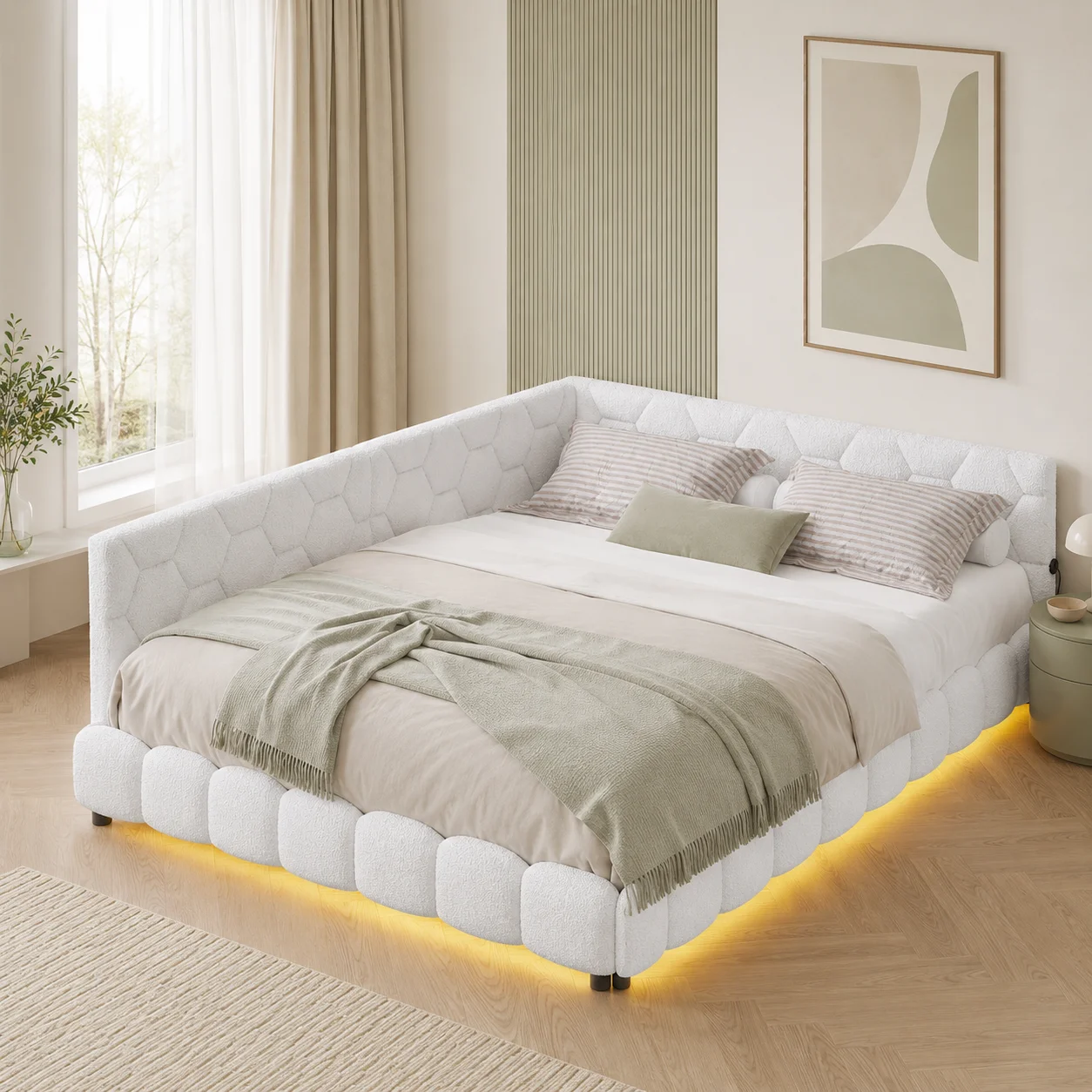 Lit moelleux 140x200 cm en laine d'agneau, cadre de lit avec support en bois, canapé-lit, lit d'appoint et lit pour jeunes, sans matelas, Blanc