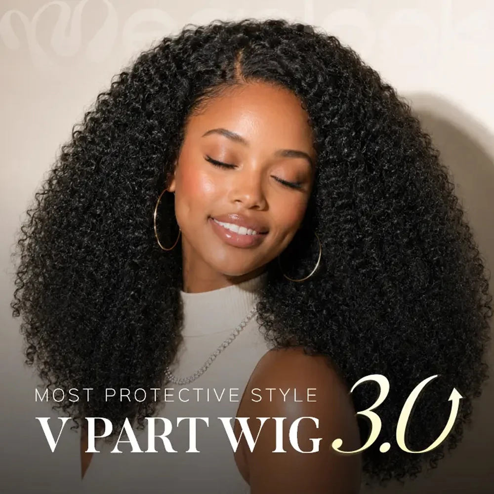 Megalook True Scalp Bomb Afro Kinky Burmese Curly V Part Glueless Human Hair Wig PLus Crochet Hair Flexi-Fit Drawstring Minimal Leave Out Quick Weave Wig