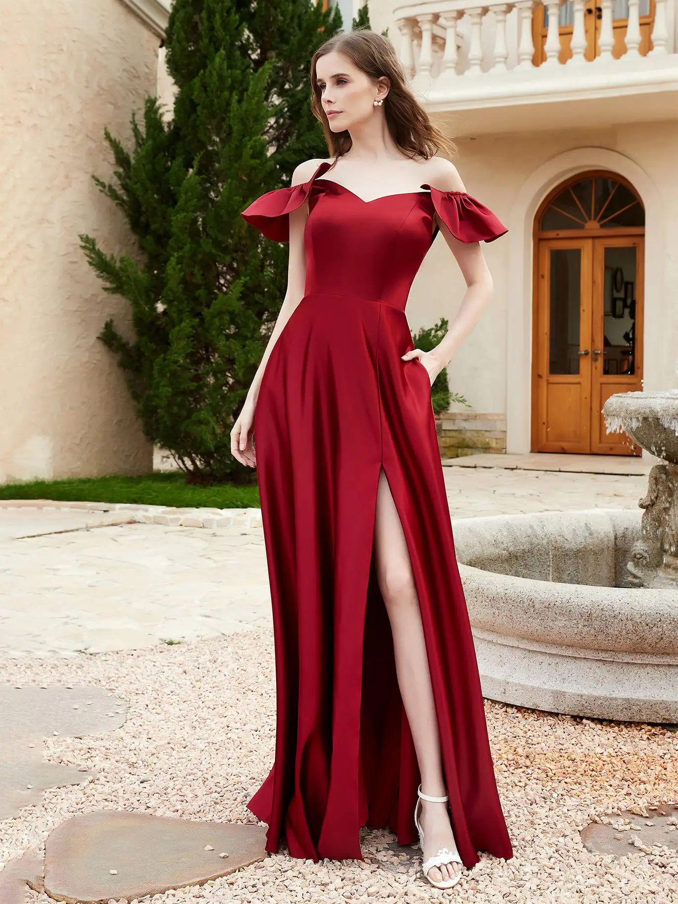 

Simple Off The Shoulder Satin Bridesmaid Dress With Pocket Burgundy Wedding Cocktail Dresses With Slit Pleated Evening Gowns