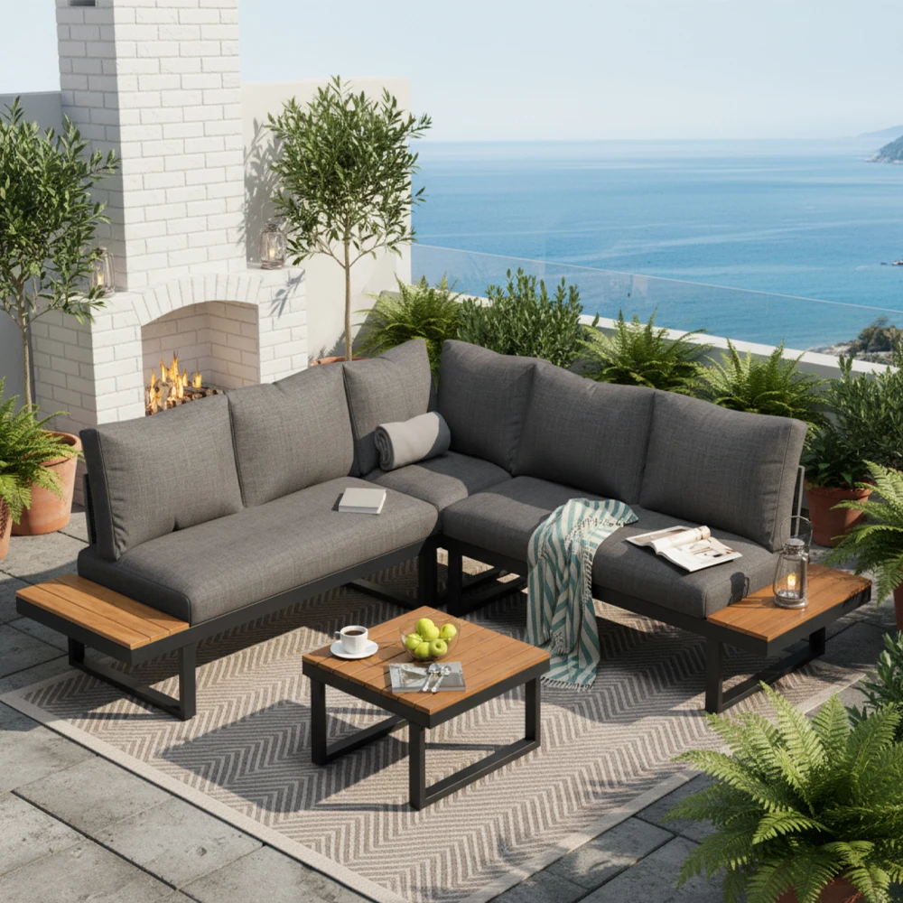Ensemble de salon de jardin Ecklounge avec fonction de relaxation inclinable à 5 positions réglables jusqu'à 55° ° Table basse, structure en acier, finition teck gris+Sc