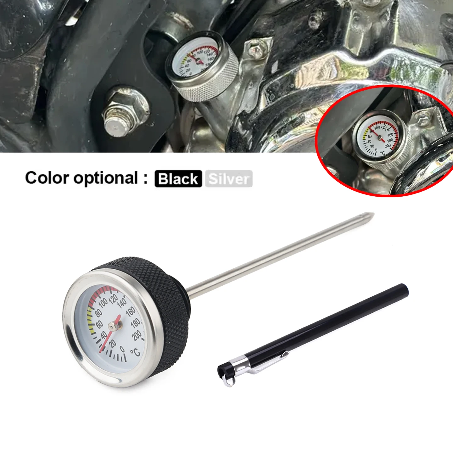 Tampas do tanque de combustível da motocicleta preto/prata m20x2.5 medidor de temperatura do óleo 35mm com sonda 117mm 0-200 ponteiros tampa do termômetro