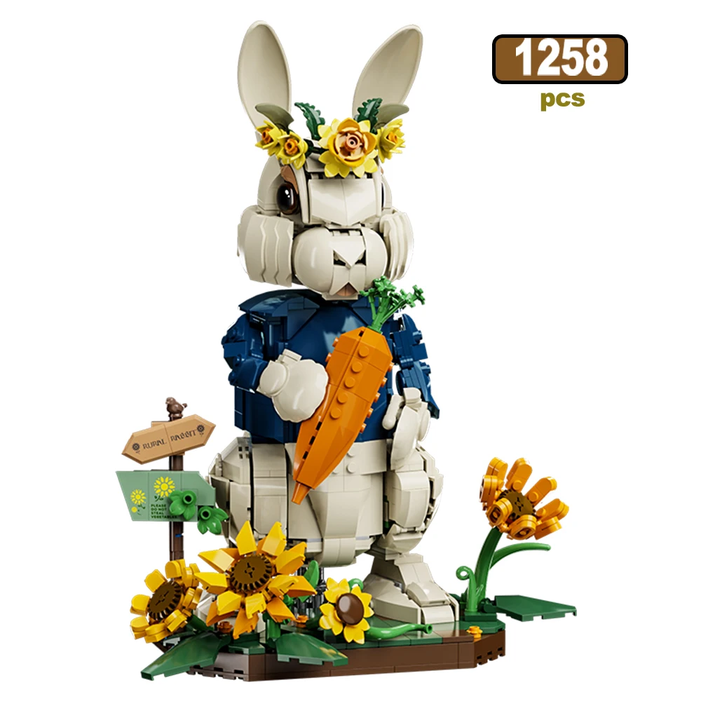 MOC Konijn Kat Model Bouwstenen Creatief Plattegrond Wortelen Zonnebloemen Bureau Ornament Montage Dieren Bouwstenen Speelgoed DIY Cadeaus