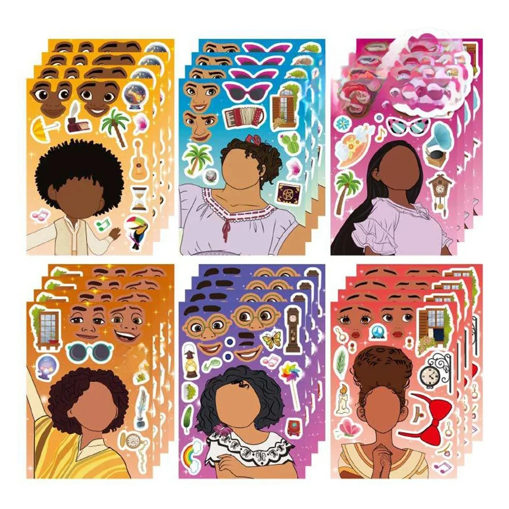 6/12 feuilles Disney Encanto faire un visage Puzzle autocollants enfants bricolage assembler Puzzle décalcomanies enfants jouets éducatifs pour cadeau de fête