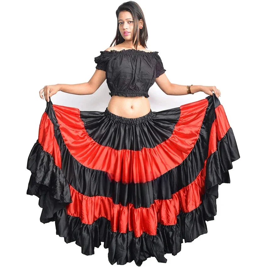 Kobiety czerwony tradycyjny hiszpański spódnica Flamenco Gypsy strój do tańca w paski satynowa gładka duża huśtawka spódnica brzucha wydajność 90cm — zdjęcie 2