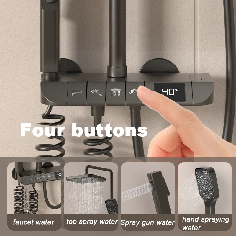 Piano Button Rainfall Shower Set  Hot Cold Shower System Bathroom Display Wall Mount Smart Thermostatic Bath Faucet Squa