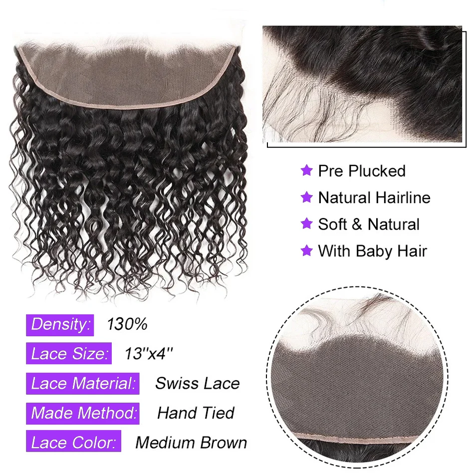 Mèches Deep Wave Naturelles Remy, Cheveux Vierges Bouclés, 13x4, Partie Libre, Fermeture 4x4, Document Naturel