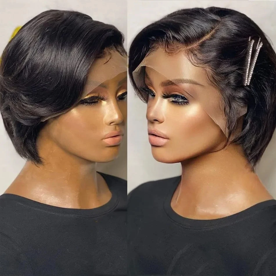 Perruque Bob Lace Front Wig naturelle brésilienne Remy, cheveux lisses, coupe courte Pixie, noir naturel, ultraviolet, 100%