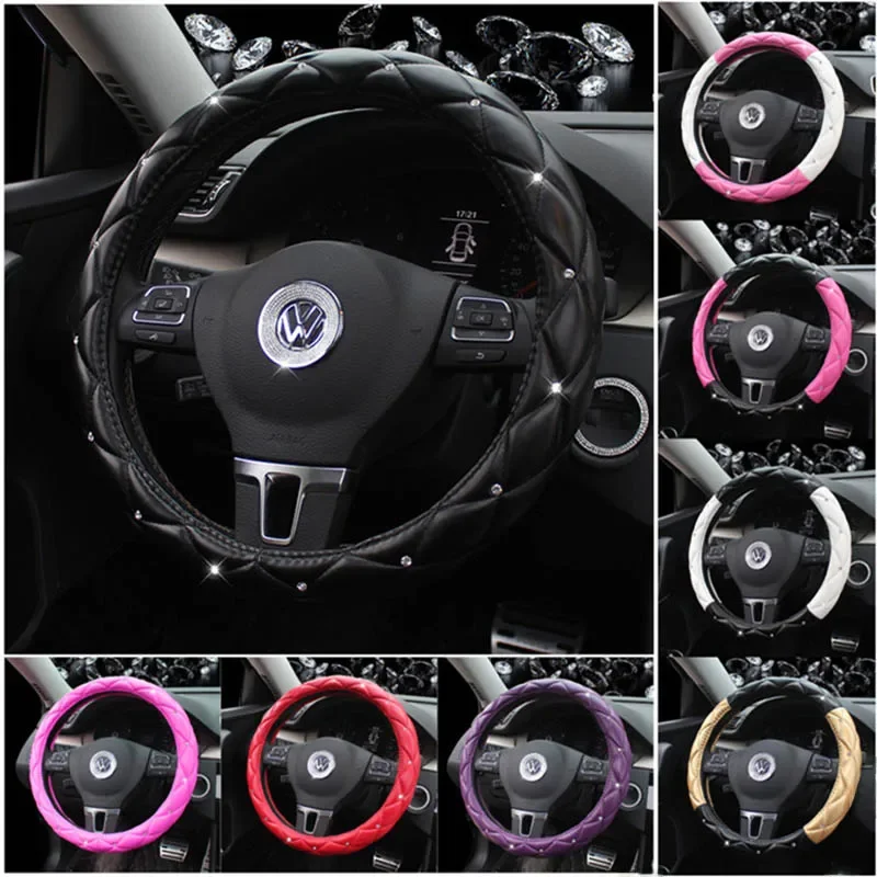 Skórzane pokrowce na kierownicę Bling Rhinestone Auto Cute Handle Cases Pink Akcesoria do wnętrza samochodu dla kobiet dziewcząt Purple — zdjęcie 2