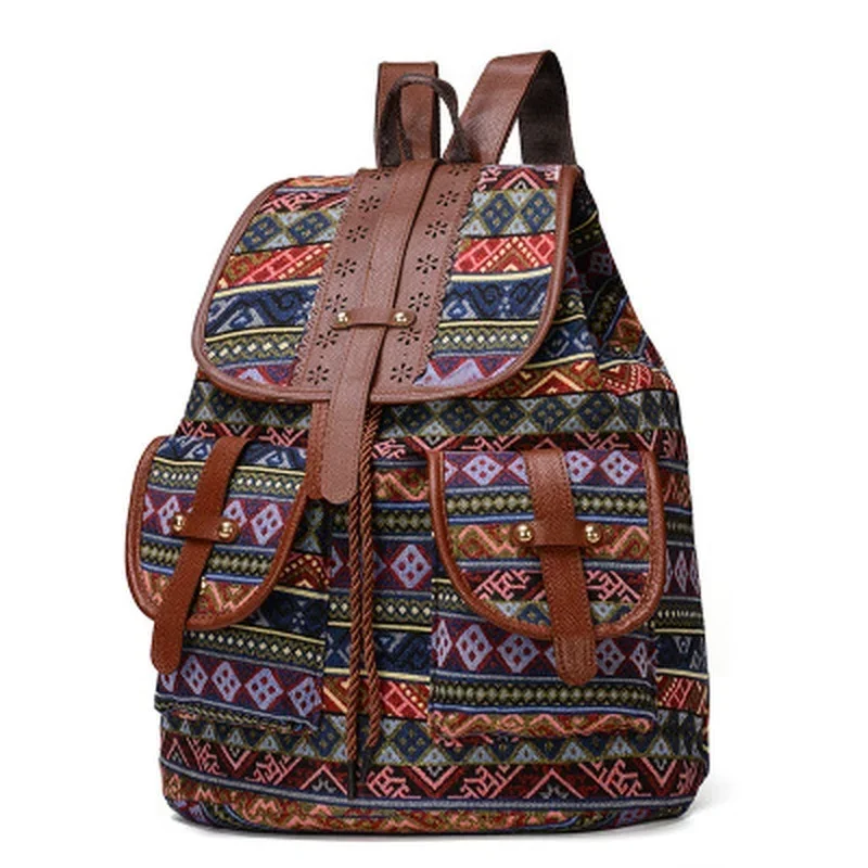 Frauen Leinwand Vintage Rucksack Ethnische Strick Rucksäcke Rucksäcke Gedruckten Reise Rucksack