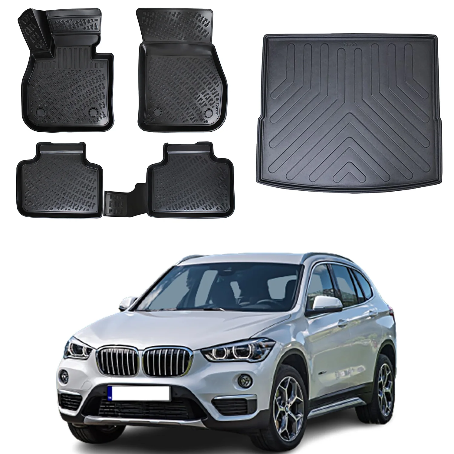 Floor Mats + Cargo Trunk Liner Fits Bmw X1 F48 2016-2022 Set - All Weather Maximum Coverage - Water Resistance