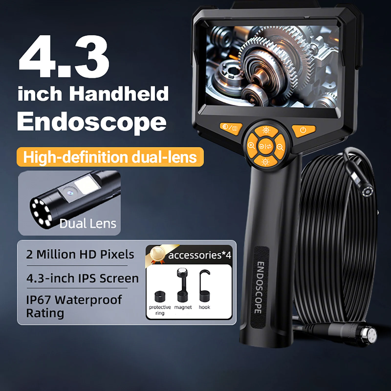 Dual Lens Digital Industrial Borescope 1080P 4.3" IPS Handheld Endoscope Camera with IP67 Waterproof Snake Sewer For Car
