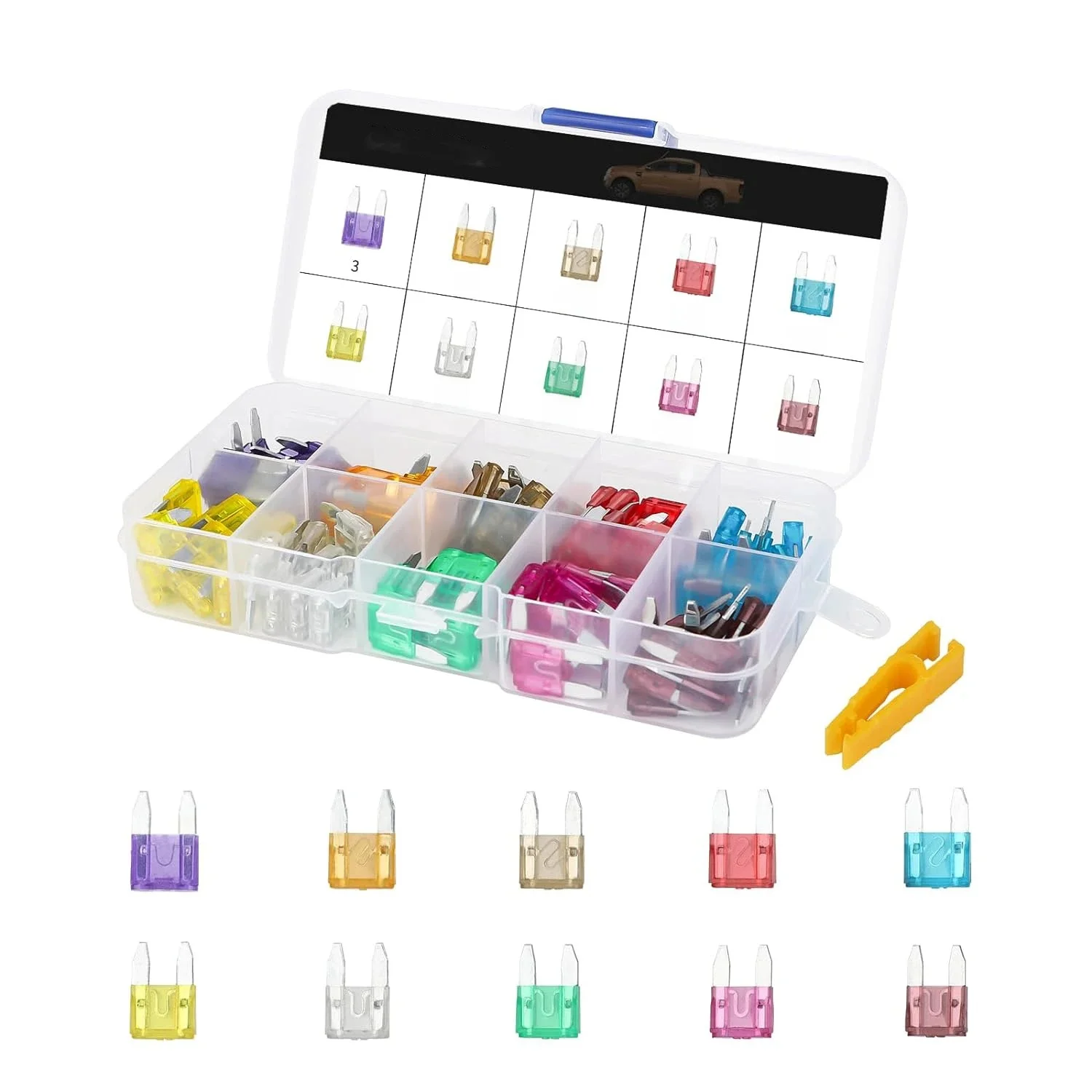 100-elementowy zestaw bezpieczników samochodowych, samochodowe bezpieczniki zamienne - niskoprofilowe mini bezpieczniki płaskie do samochodu, łodzi, ciężarówki, SUV Auto — zdjęcie 2