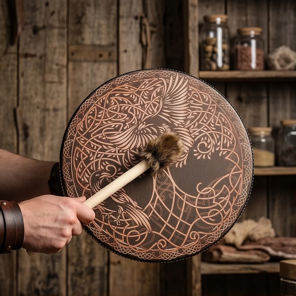 1pcs10Inch Norse Yggdrasil Shamanic Frame Drum, Handmade Tree of Life Pattern, Spiritual Healing Ritual Instrument forMeditation