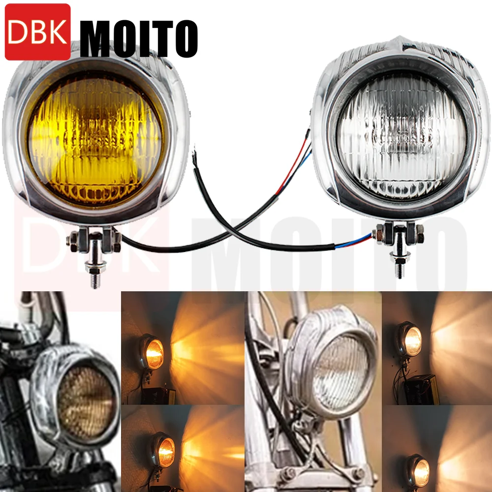 

For Harley Retro Vintage Polished Front Motorcycle Headlight Lamp Yellow or Silver Lens 12V Old School Polished Metal Finish