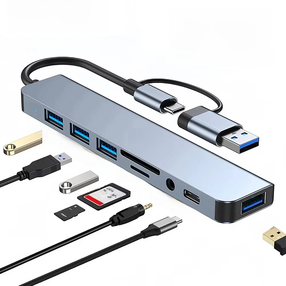 Hubs USB 3.0 8 en 1, HUB TYPE-C, Station d'accueil USB C, Transmission haute vitesse 5Gbps, adaptateur OTG de Type C vers USB 3.0 pour ordinateur portable