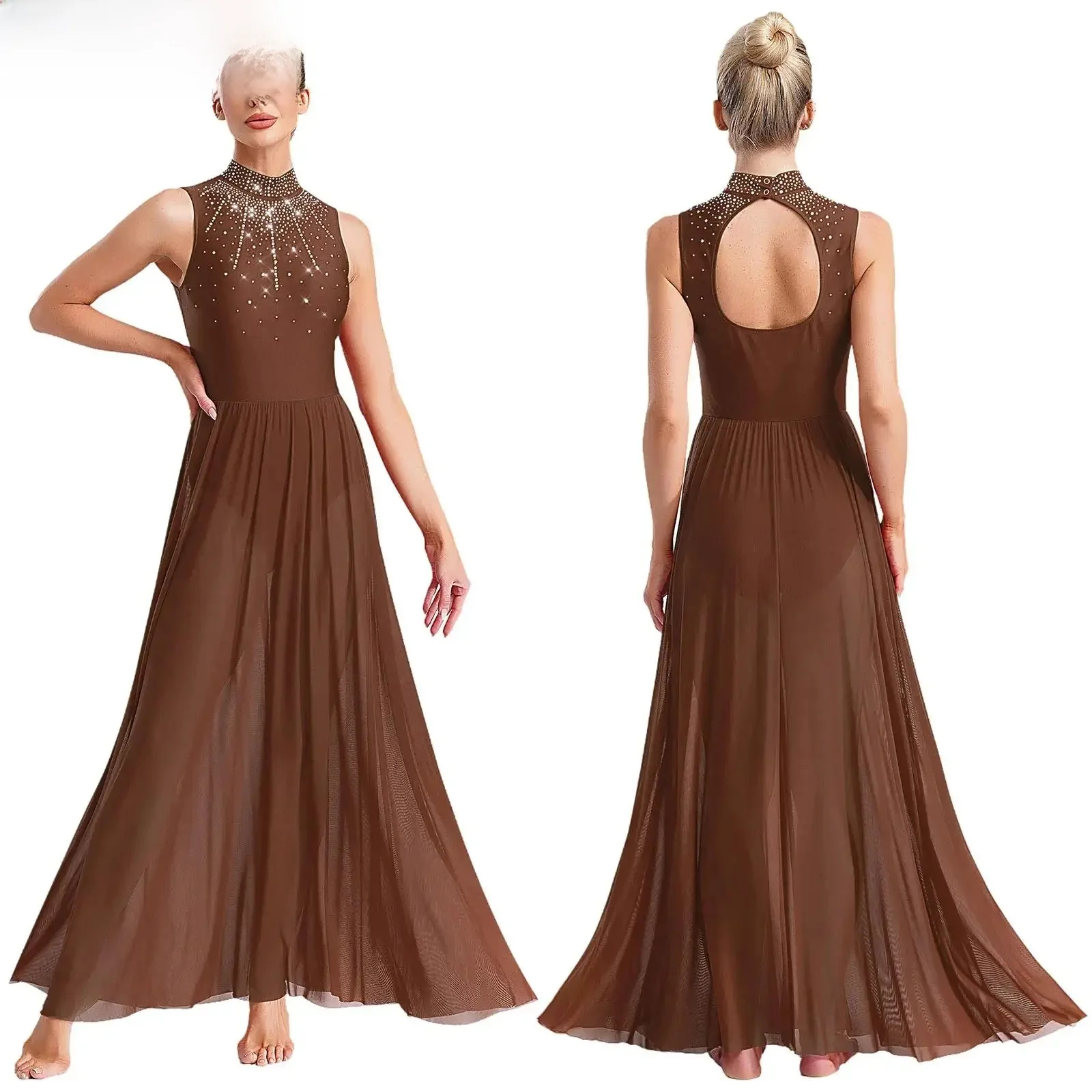 Womens Ballet Lyrische Dans Jurk Uitsparing Terug Volledige Lengte Overlay Turnpakje Kostuum Latin Rumba Tango Maxi Jurk Lange Dancewear - afbeelding 2