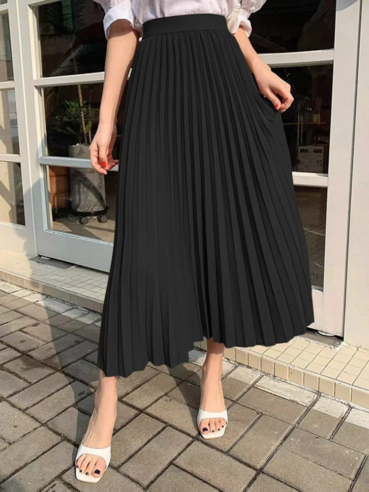 

SKMY Simple Temperament Pleated Skirts 2024 Summer New High Waist Slimming A-Line Black Skirts Party Clubwear Women Clothing