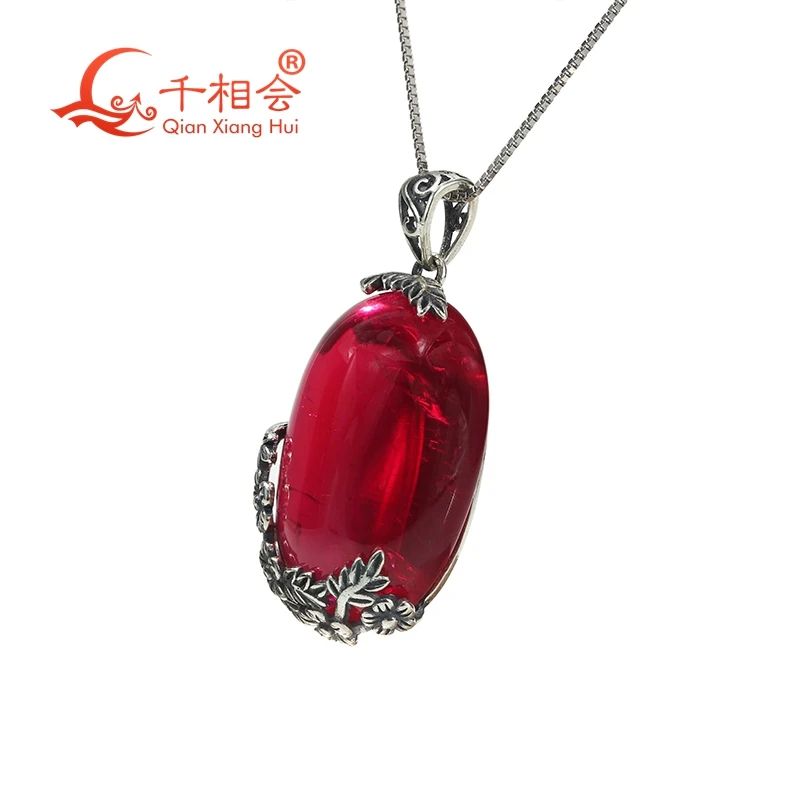 S925 silver flower 63ct  20*30mm oval  shape with inclusions lab grwon red ruby Jewelry for Pendant Necklace