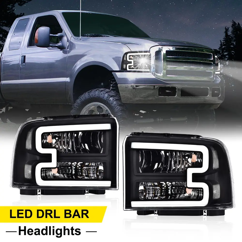 

Black Led Drl Headlights Lamps Fit for 05-07 Ford F250 F350 F450 F550 Super Duty Clear Lens Halogen ‎ 6C3Z13008Db, 6C3Z13008Cb