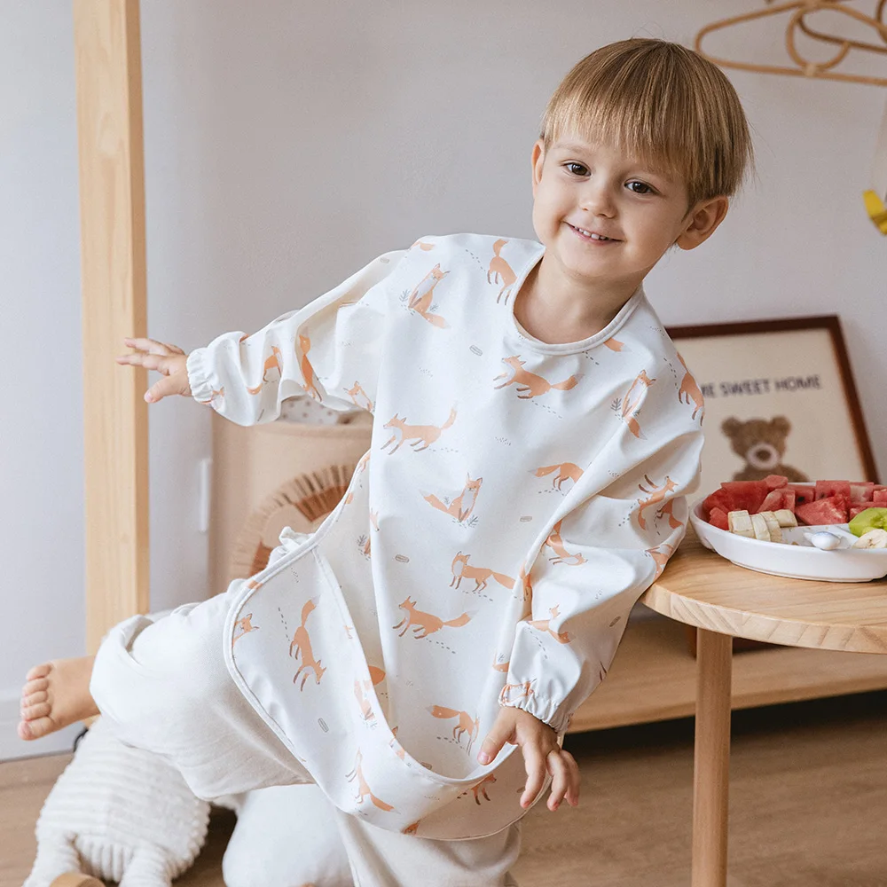 Baby Slabbetjes Kids Peuter Lange Mouwen Sjaal Pu Waterdichte Art Kiel Leuke Fox Jongens Meisjes Schort Pocket Ontwerp Zuigelingenvoeding kleding