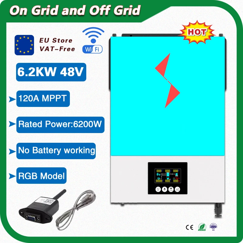 6200W 48V on/off grid solar inverter Built-in 120A solar controller RGB Lingthing for different working mode 90-500vdc pv input