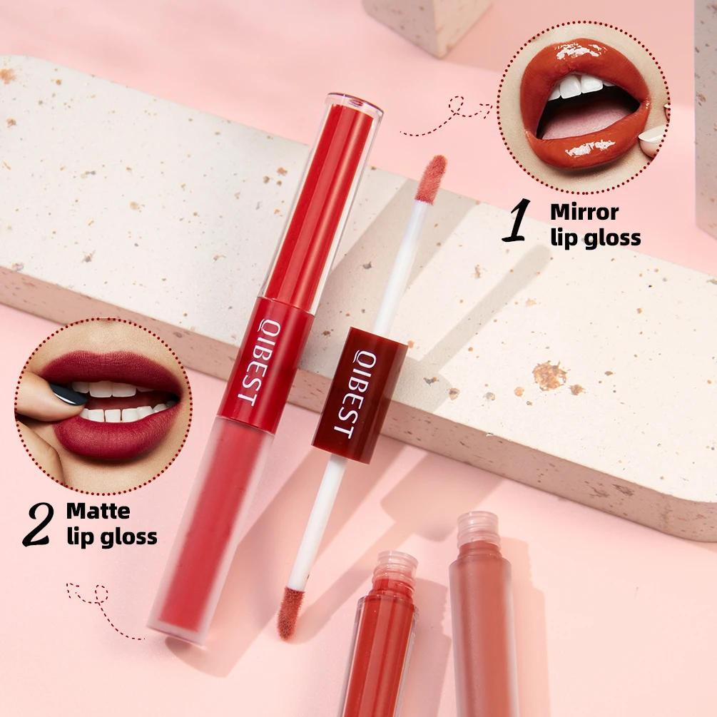 Brillo de labios de doble cabeza 2 en 1, tinte de labios rojo de terciopelo mate, lápiz labial líquido, brillo de espejo, esmalte de labios impermeable, Cosméticos de maquillaje