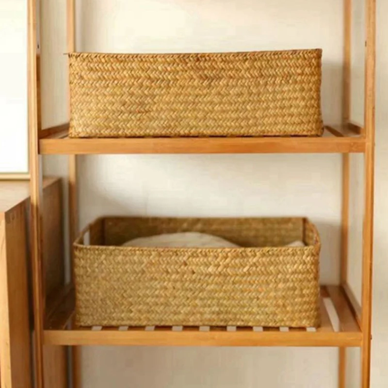 Woven Seagrass Storage Baskets Straw Rattan Basket Desk Organizer Picnic Basket Fruit Storage Box Cosmetic Storage Container