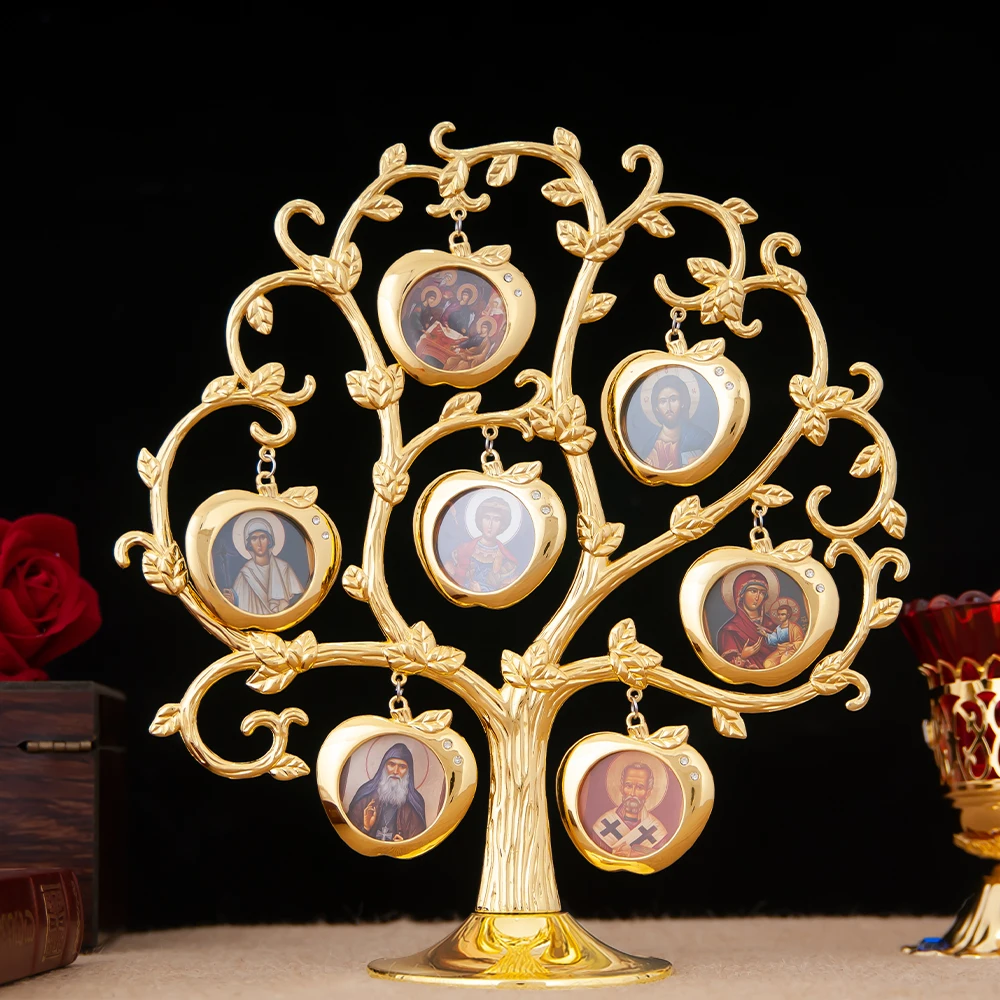 HT Icon Árbol de la vida, Marco chapado en oro, placa de Cristo cristiano, imagen de icono colgante, de pie, religioso ortodoxo en caja