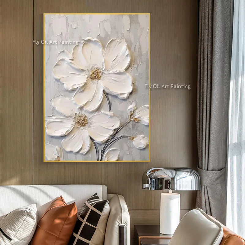 Original Modern White Flower Oil Painting On Canvas Hand Painted Wall Decor Heavy Textured Knife Thick Blooming Floral Artwork