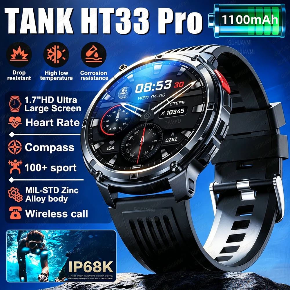 2026 New Durable 1100mAh Battery Smart Watch For Men 1.7" Ultra HD Large Screen IP68K Waterproof Tactical Flashlight Compass Heart rate Bluetooth Call Sports Trackr Smartwatch