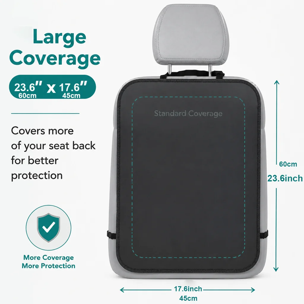2 Pack Auto Seat Back Kick Protectors, Durable Large Kick Mats in L Sizes. This Car Back Seat Cover Shields Upholstery From