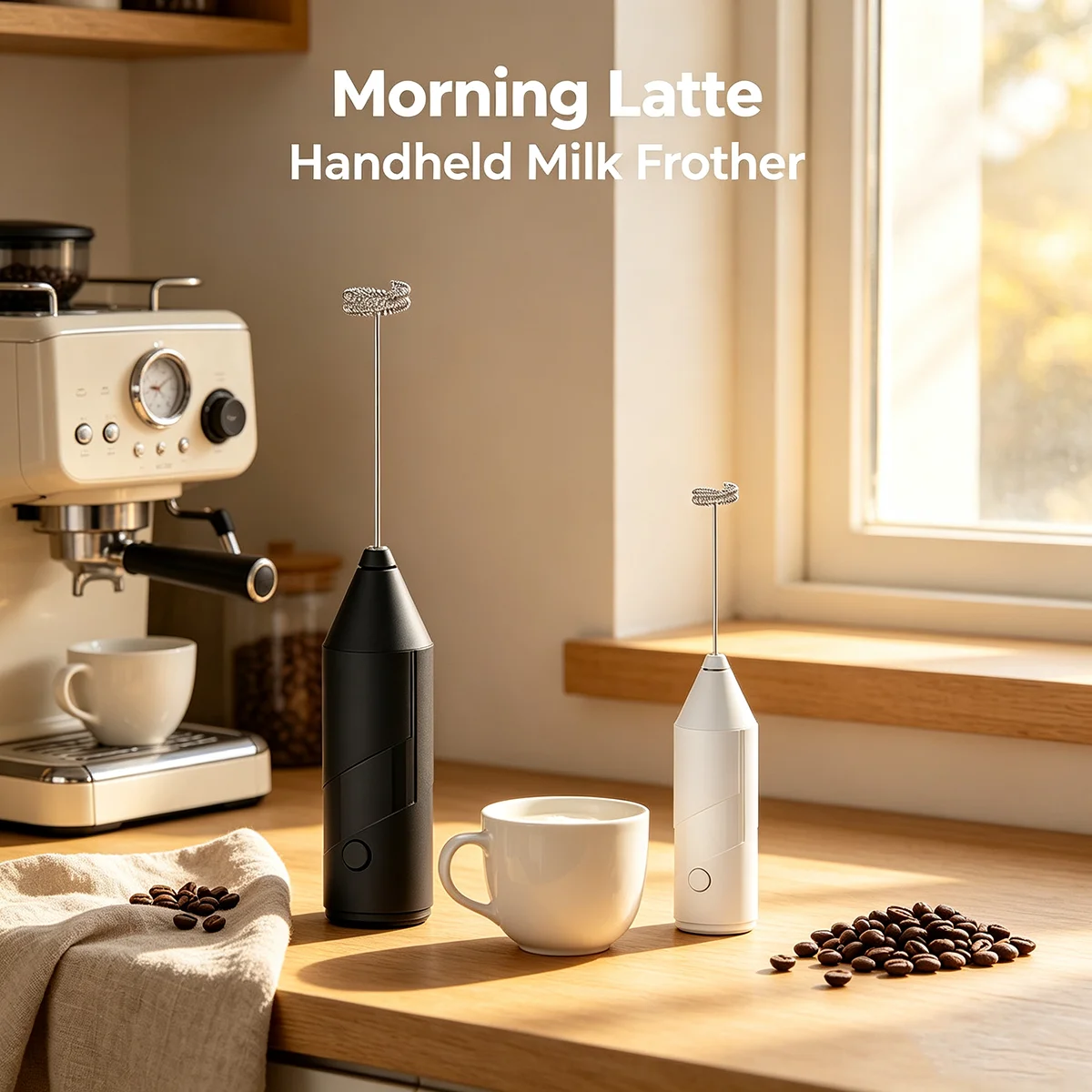 2PCS Electric Milk Frother Combo Set (Black & White), Handheld Stainless Steel Whisk & Mini Egg Beater for Coffee, Matcha & Kitchen Foaming (Battery Not Included)