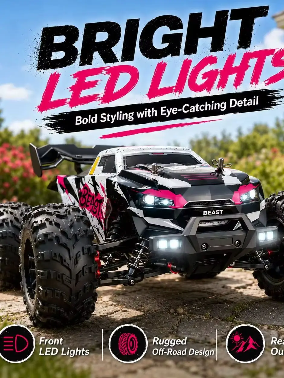 ZNLYRION RC Offroad-Monstertruck 4WD Brushless 2,4GHz 3-Gang Einstellbares Ferngesteuertes Auto mit LED-Scheinwerfern, Allterrain-Großreifen Hobby RC-Fahrzeug 2 Wiederaufladbare Batterien RTR