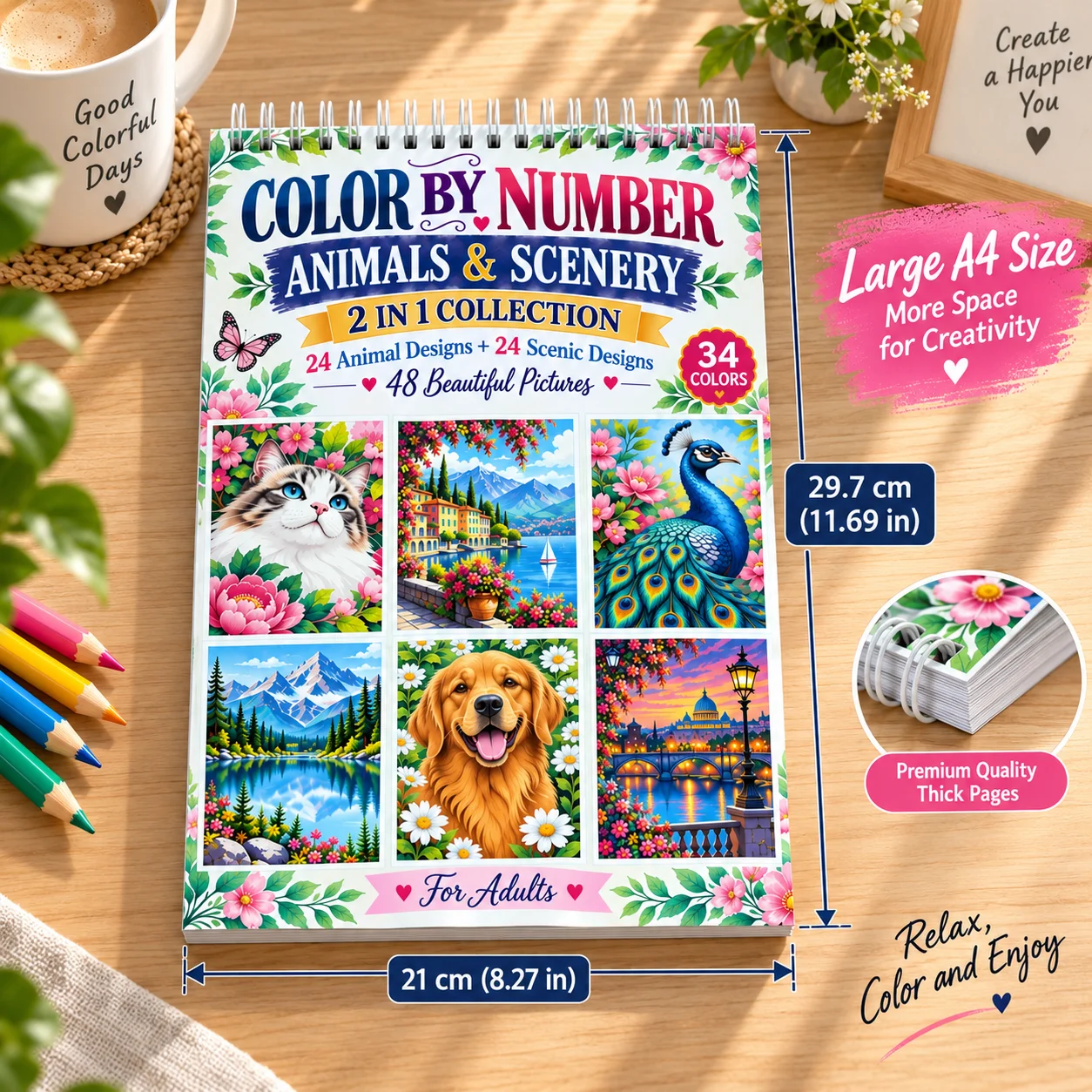 Color by Number Animals & Scenery Coloring Book, 48 Designs, A4 Large Size, Full-Color Printing, Spiral Bound, Heavyweight Paper