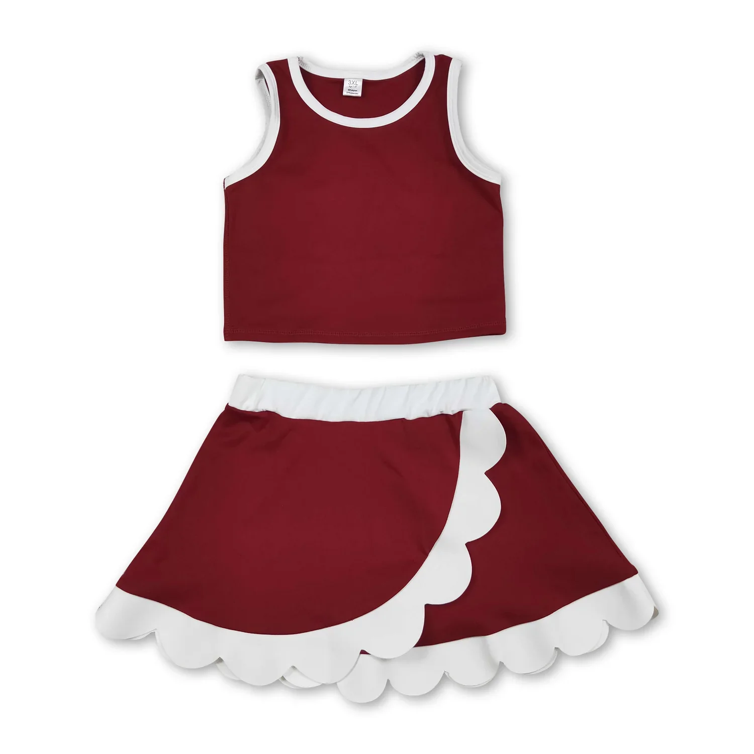 Girls Sleeveless Maroon White Scallop Active Wear Team Set - Sporty Fashion Outfit for Young Athletes