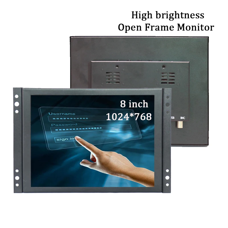 

High Brightness 600 Nits Open Frame LCD Monitor 8 Inch 1024*768 Industrial Touch Screen Display With HDMI BNC VGA USB AV Port