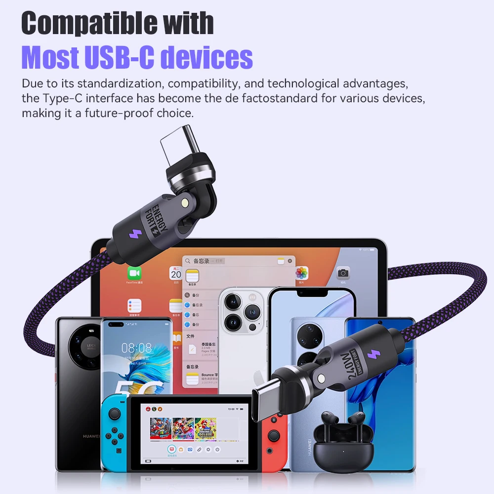 Kabel do szybkiego ładowania PD3.1 o mocy 240 W 540 °   Kabel obrotowy typu C 5A z materiału nylonowego do iPhone'a MacBook Samsung UGREEN/Anker powerbank — zdjęcie produktu 6