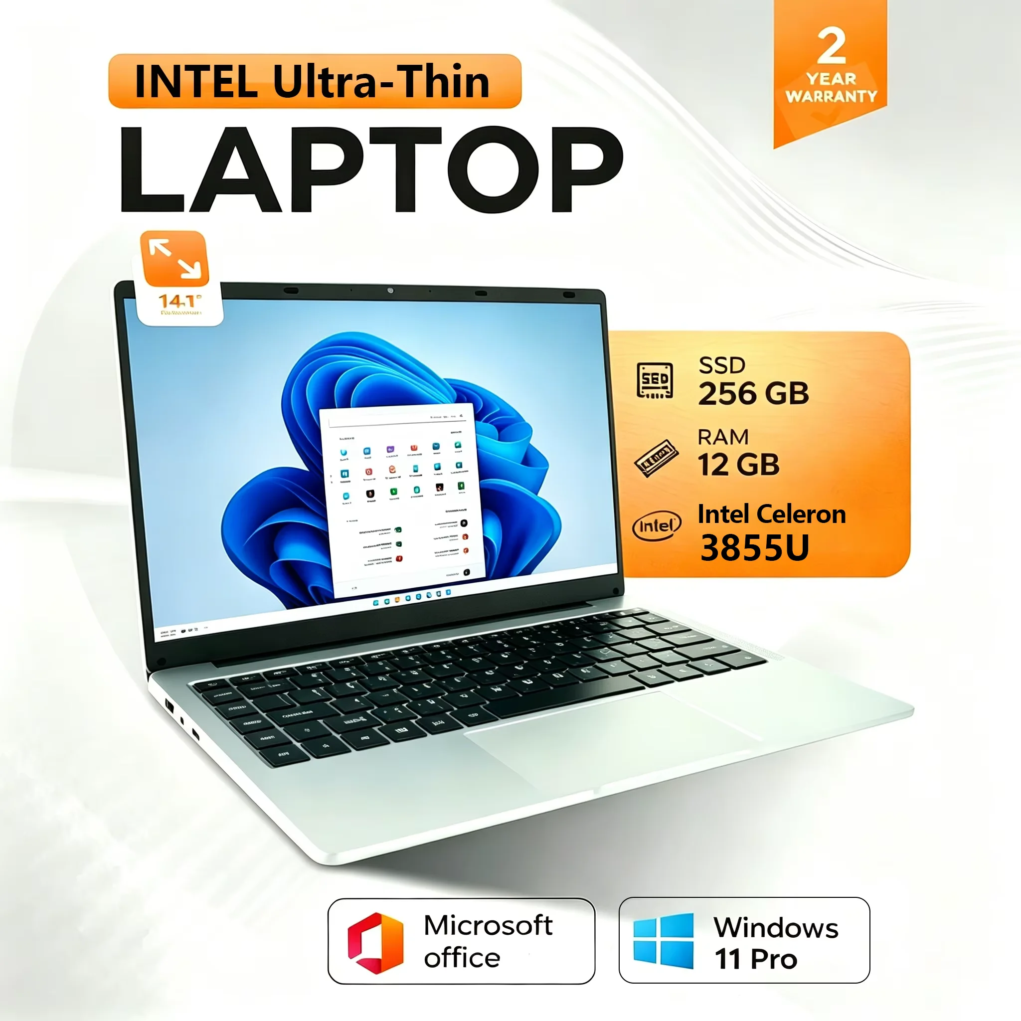 Portátil de 14.1 Pulgadas con Windows 11, Intel Celeron 3855U 180 ° Portátil Plegable Delgado para Juegos, 12 GB de RAM, 512 GB/1 TB SSD, 1920*1080, Ordenador para Oficina y Estudio