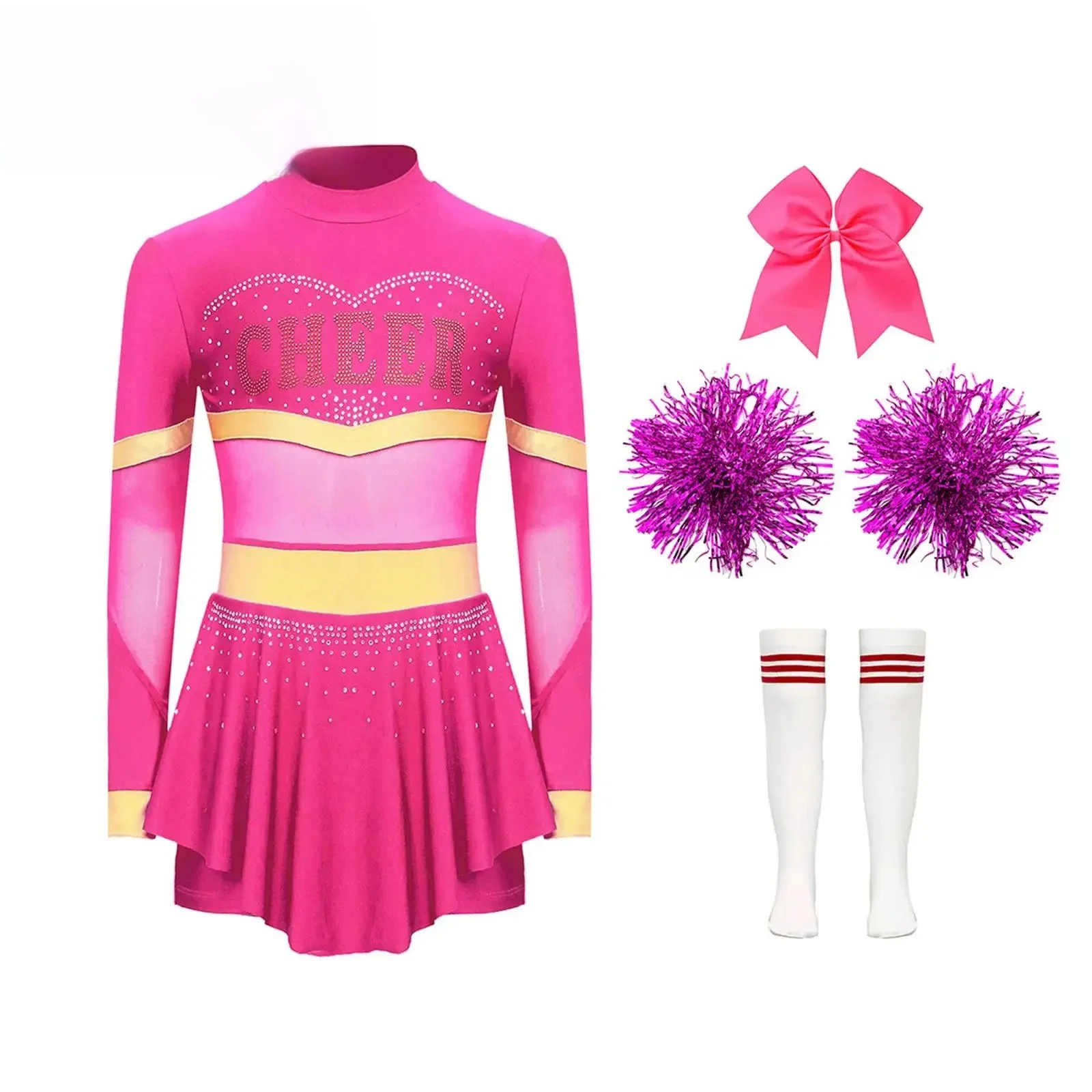 Kostium cheerleaderki dla dziewczynek z długim rękawem mundurek cheerleaderki dla dzieci Cheer Dance Dress ręcznie kwiatowe skarpetki zestawy strojów tanecznych — 2