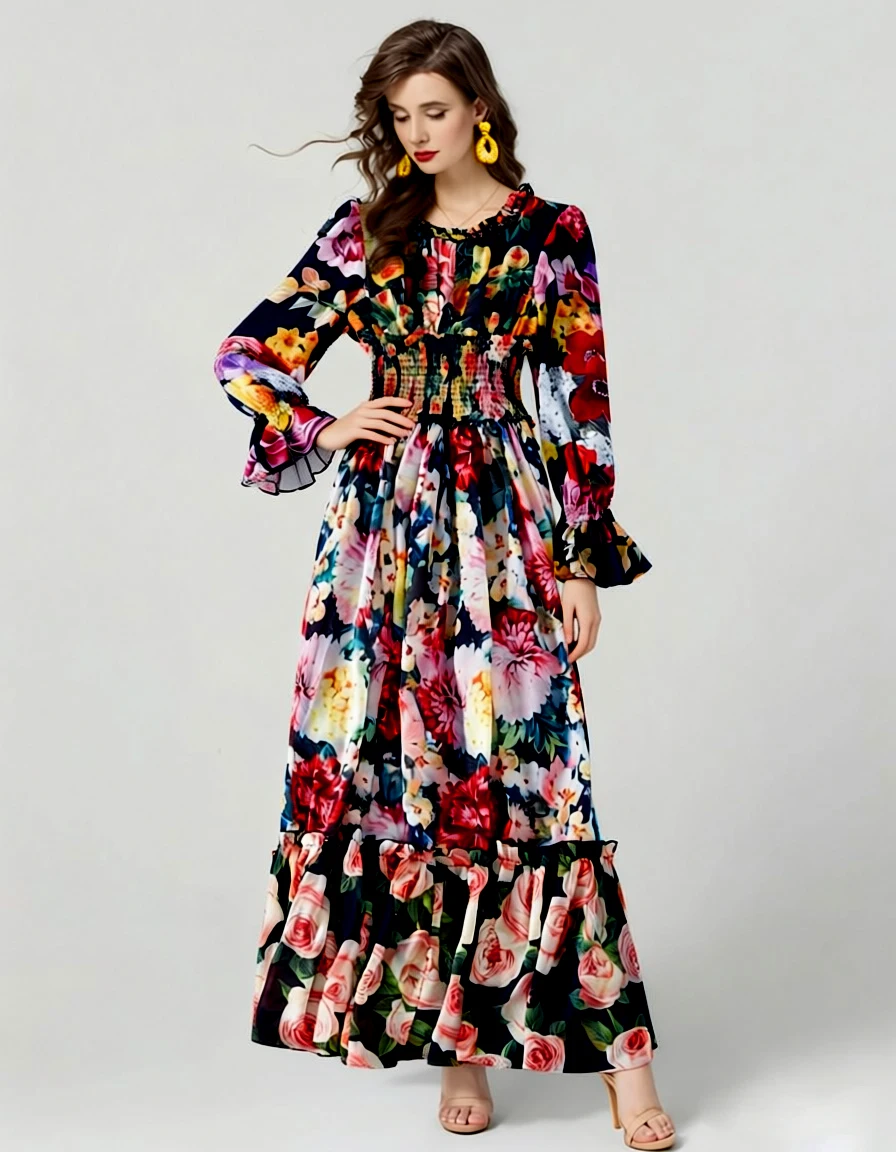 Damesjurk O-hals Lange mouwen Elastische taille Bloemenprint Ruches Elegante maxi-mode vestidos
