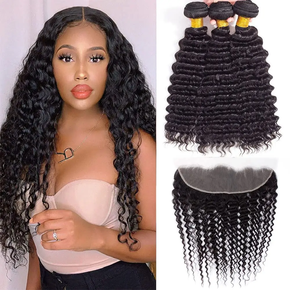 

Water Wave 3 Bundles with Frontal 13x4 Ear to Ear Lace Frontal with Bundles 100% Deep Wave Human Hair Bundles with Frontal #1B