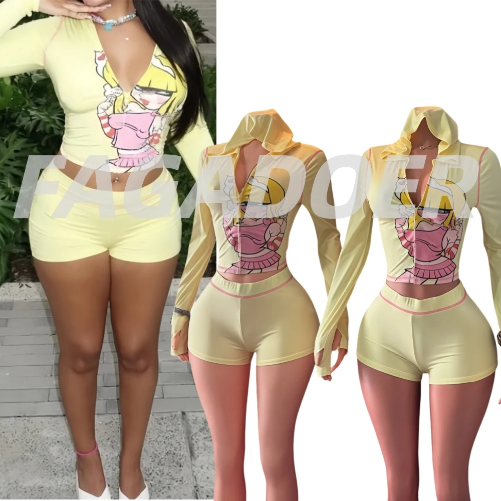 

FAGADOER модный комплект из 2 предметов с узором для женщин, укороченный топ с капюшоном на молнии и длинными рукавами + шорты, женская уличная одежда