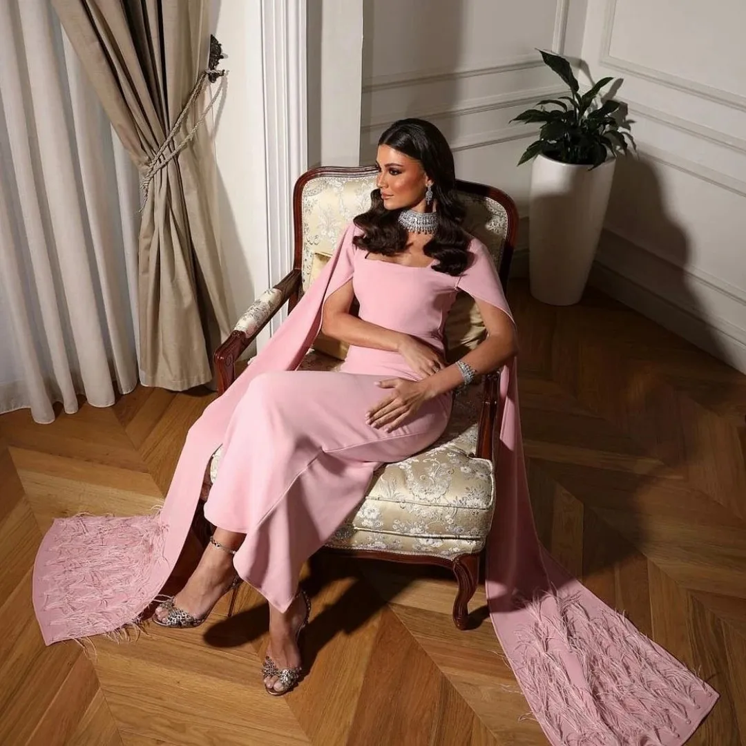 Pink Crepe Evening Dress Arabic Saudi Party Dresses Customized Feathers Draped Sleeves Mermaid Formal Dress Long Prom Gown