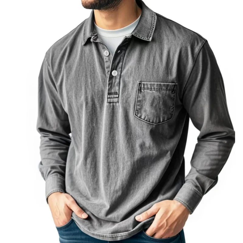 2026 New Arrival Pure Cotton Men Washed Polo-Shirt  American-Style Vintage Long Sleeve Tops With Breast-Pocket M-5XL C0243