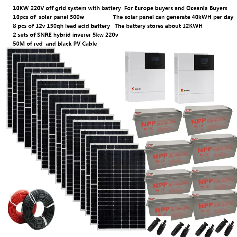 Solar System Complete 10000W 10KW 220v 110V Solar Panel 500w Battery Charger UPS Hybrid Inverter Off Grid Farm Home Villa Beach