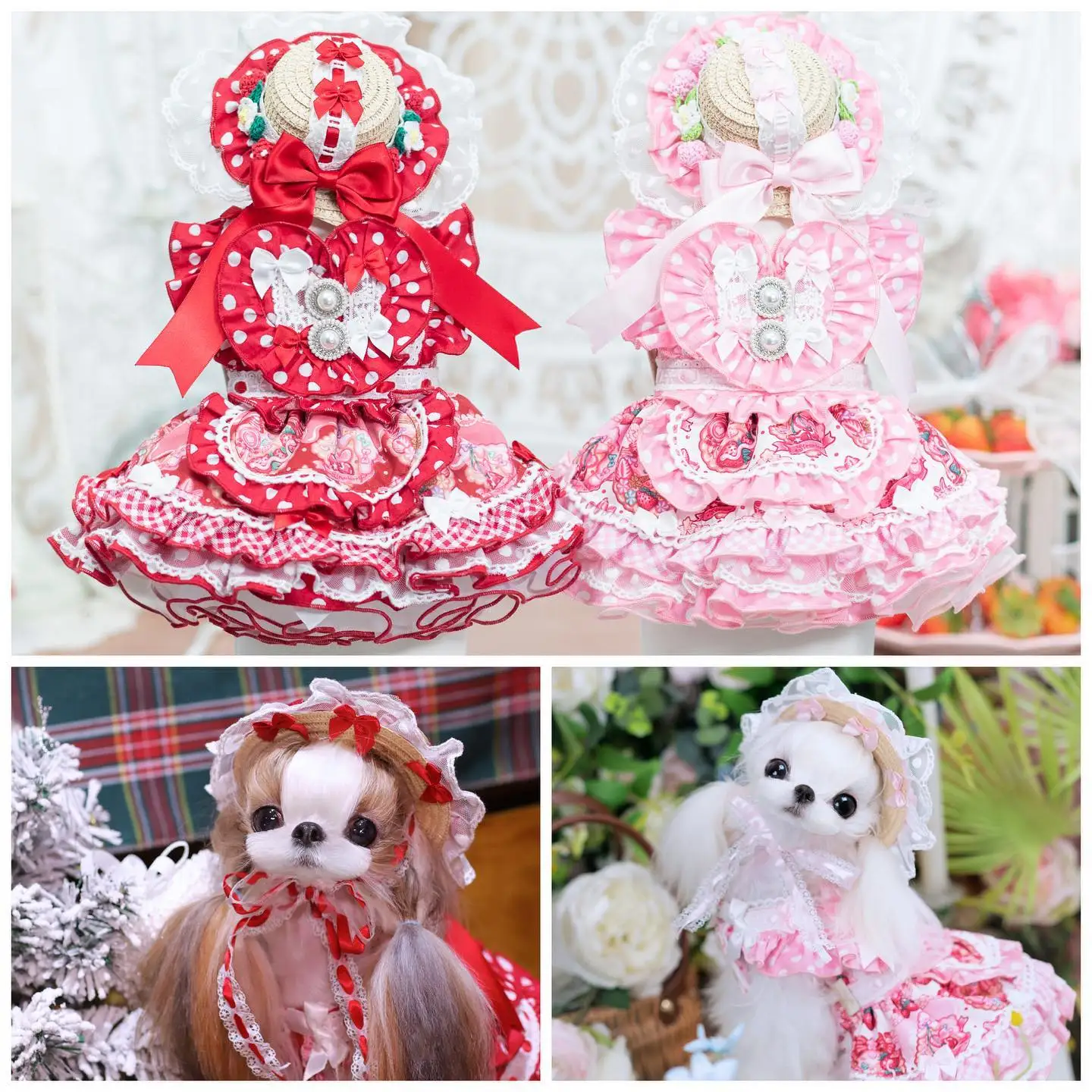 

Pet Hat and Dress Set – Strawberry Lace Bonnet + Ruffle Skirt Outfit