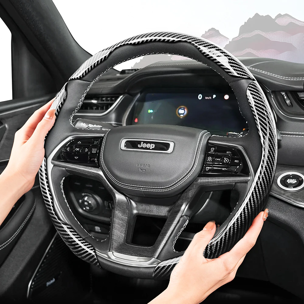 Suitable for Jeep Sporty Glossy Carbon Fiber Texture Steering Wheel Cover Snap-On Protective Shell Grand Cherokee Compass Wrangler Renegade Avenger Grand Wagoneer Gladiator Commander Meridian Black Car Interior Accessories